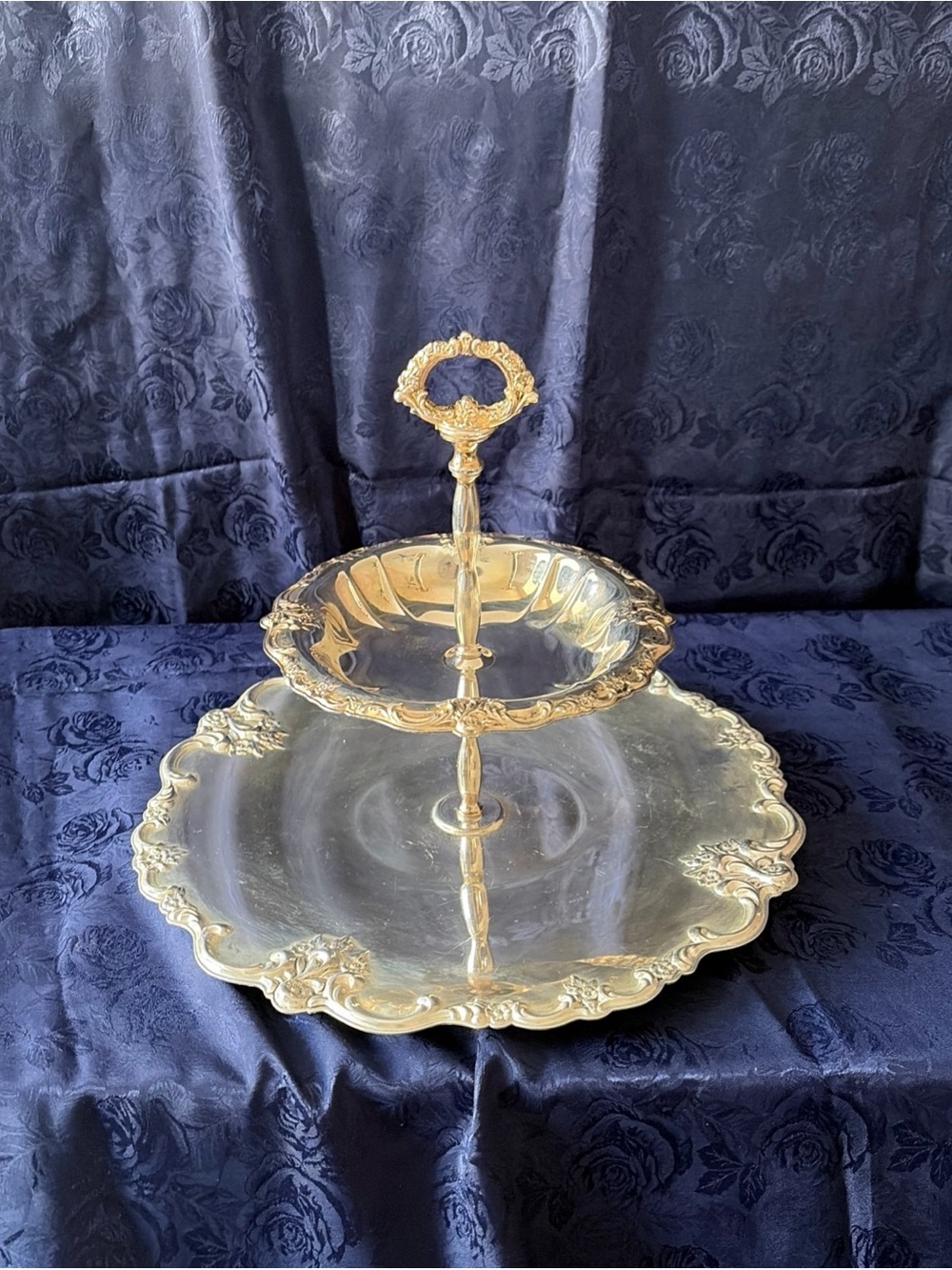 Two-Tiered Metallic Dessert Or Snack Tray W/Ornate Handle